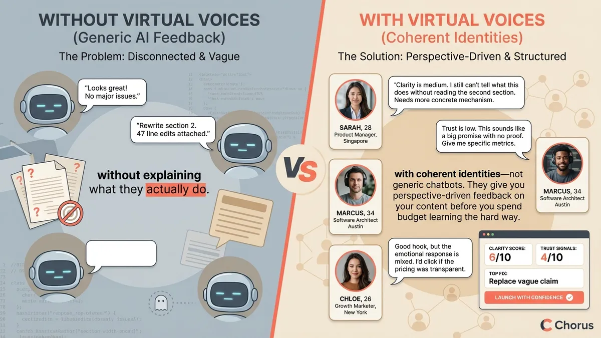 Split view comparison showing generic disconnected feedback on left versus coherent persona cards with structured scores on right