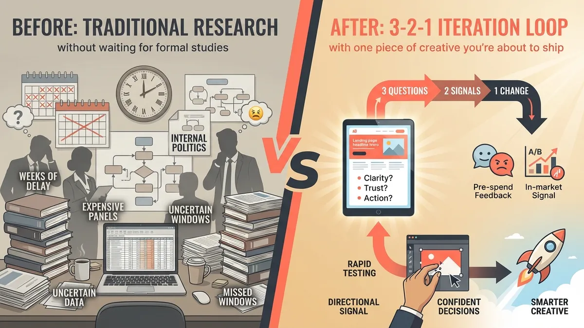 Side-by-side comparison: cluttered desk with weeks of waiting versus rocket ship representing the 3-2-1 Loop with rapid iteration