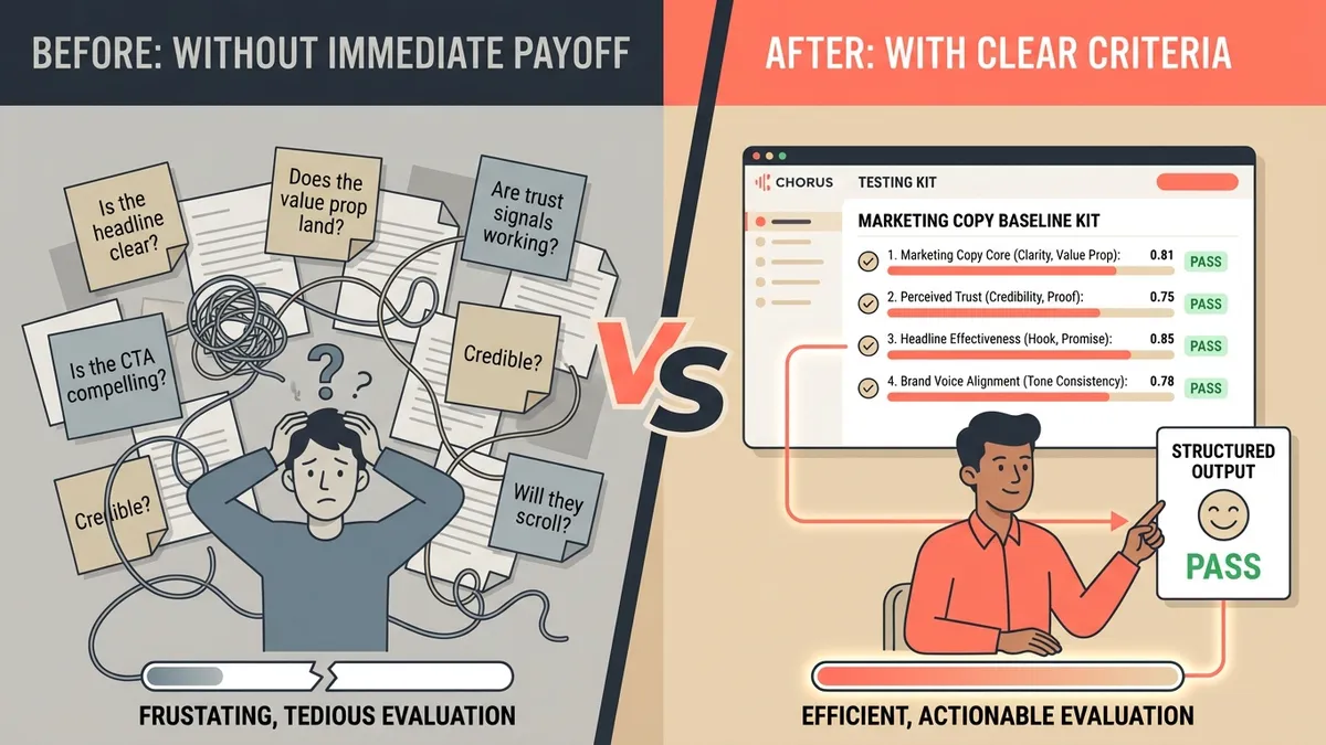Split view showing frustrating tedious evaluation on left versus efficient evaluation with checklist showing PASS indicators on right