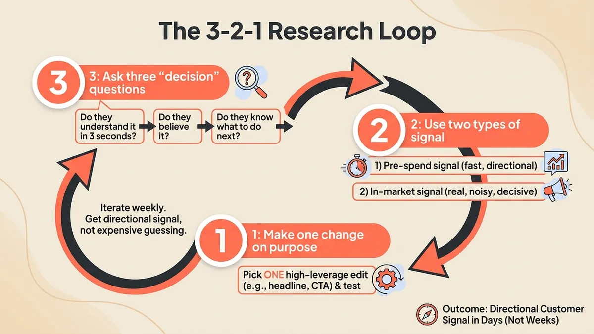 Circular diagram showing the 3-2-1 Research Loop: three decision questions, two signal types, one intentional change with arrows indicating continuous iteration