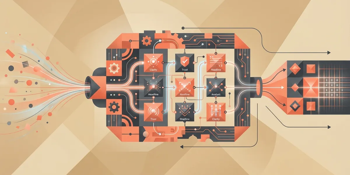 Abstract modular testing components with coral and sand colors connecting together into a unified evaluation framework