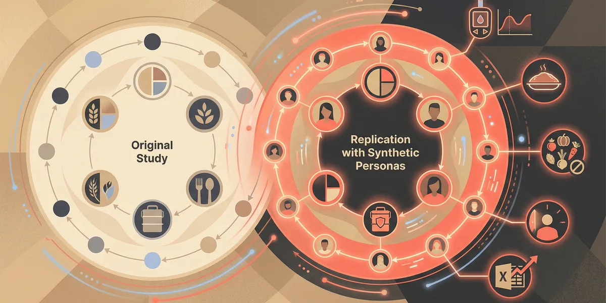 Side-by-side comparison of the original Kumar 2022 food study and our synthetic persona replication, with the replication shown as a larger circle containing 8 persona avatars and richer thematic coverage