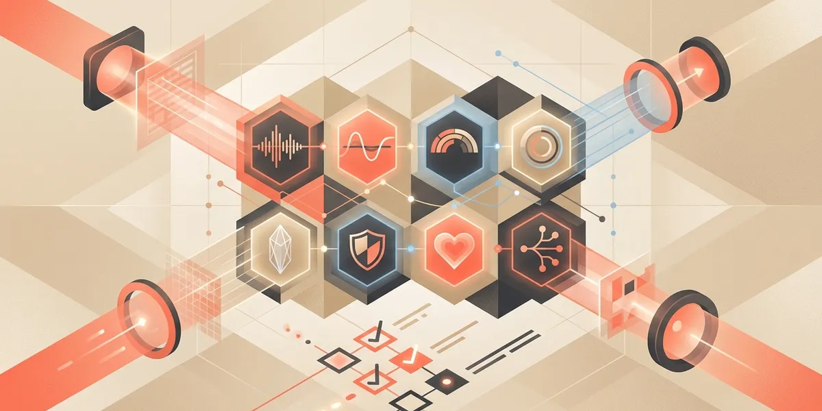 Abstract illustration of video frames being analyzed through multiple lenses with insights emerging