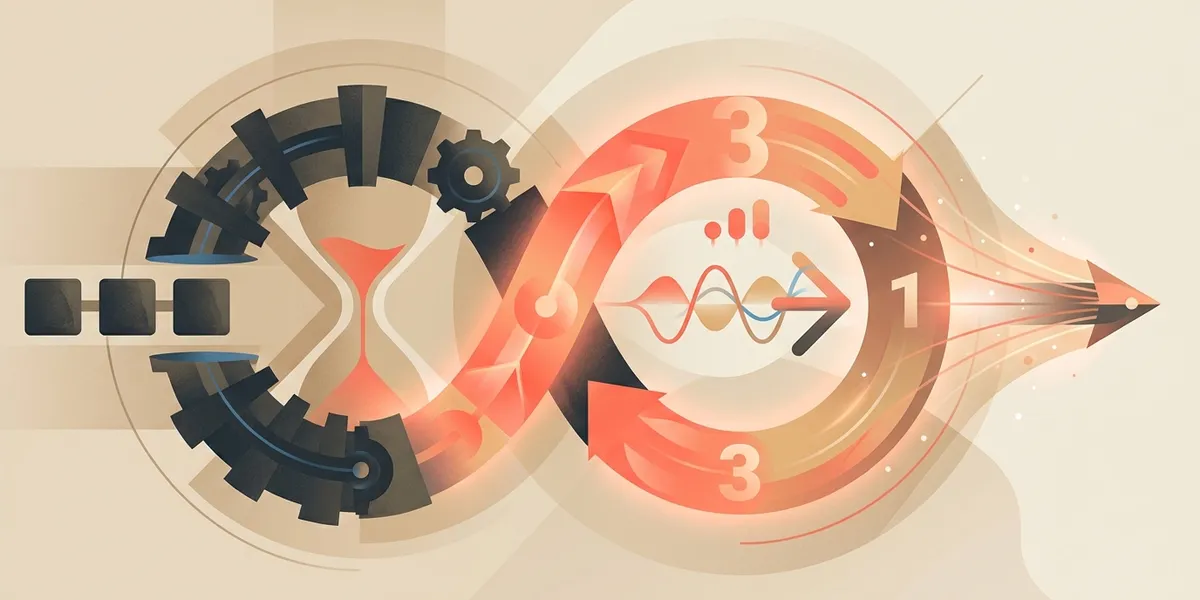 Abstract illustration of gears and hourglass transforming into a fast 3-2-1 research loop with coral arrows and rocket