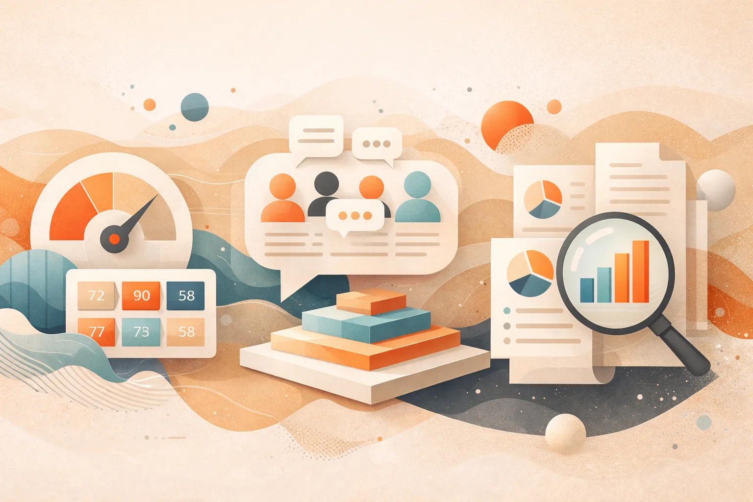 Three distinct pathways representing Quick Check scoring, Focus Group discussion, and Analysis deep-dive converging on validated creative content