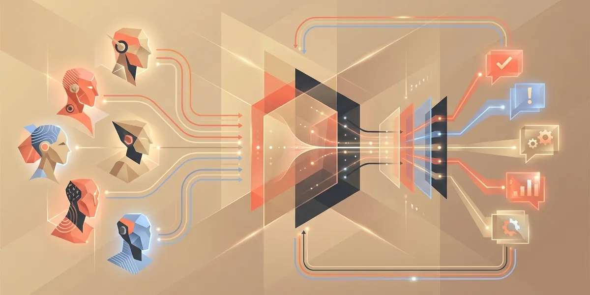 Multiple diverse virtual voice persona avatars with coral accents connected by flowing lines into a central AI processing element